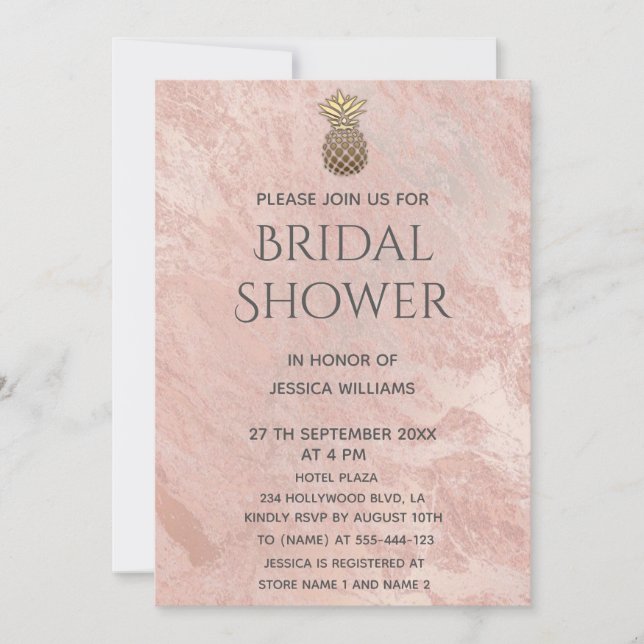 Invitación Rosa de mármol oro oro piña ducha de novia (Anverso)