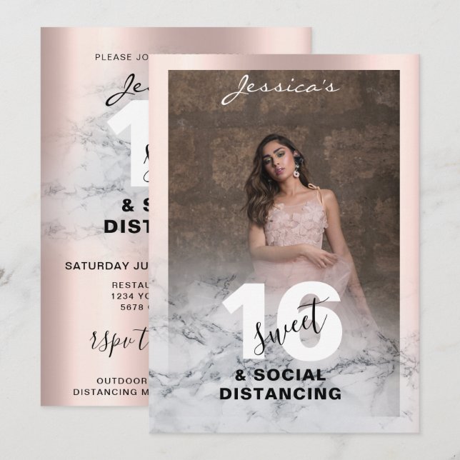 Invitación Rosa de mármol rosa dorado Sweet 16 Moda fotográfi (Anverso / Reverso)