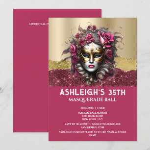Invitación Rosa de mascarada de oro rosa chicas de máscaras v