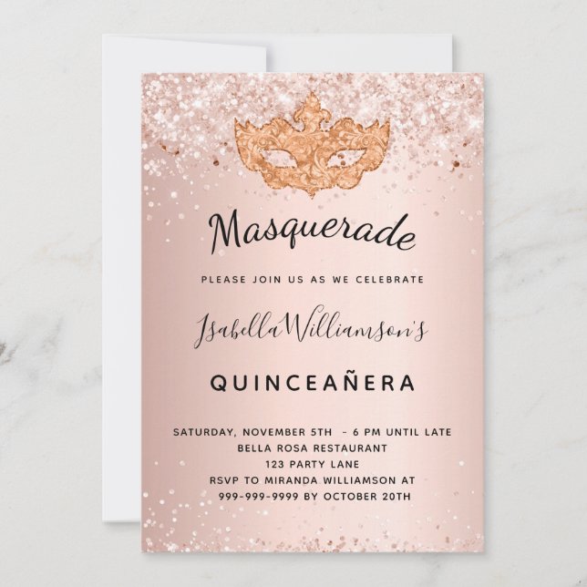 Invitación Rosa de mascarada purpurina de oro Quinceanera (Anverso)