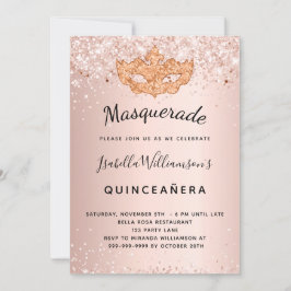 Invitación Rosa de mascarada purpurina de oro Quinceanera