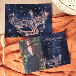 Invitación Rosa de mascarada purpurina de oro Sweet 16 foto