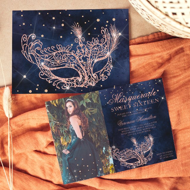 Invitación Rosa de mascarada purpurina de oro Sweet 16 foto (Subido por el creador)
