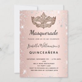 Invitación Rosa de mascarada purpurina de plata de oro Quince