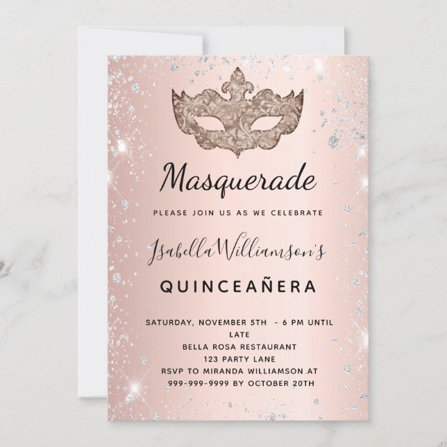 Invitación Rosa de mascarada purpurina de plata de oro Quince (Anverso)
