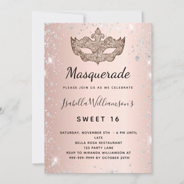 Invitación Rosa de mascarada purpurina de plata oro polvo Dul (Anverso)
