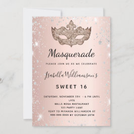 Invitación Rosa de mascarada purpurina de plata oro polvo Dul