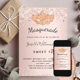 Invitación Rosa de mascarada purpurina oro polvo Dulce 16