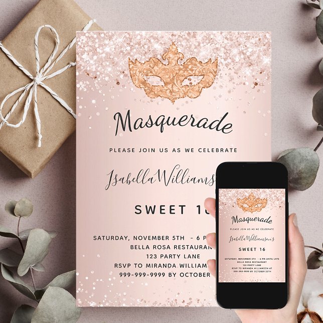 Invitación Rosa de mascarada purpurina oro polvo Dulce 16 (Subido por el creador)