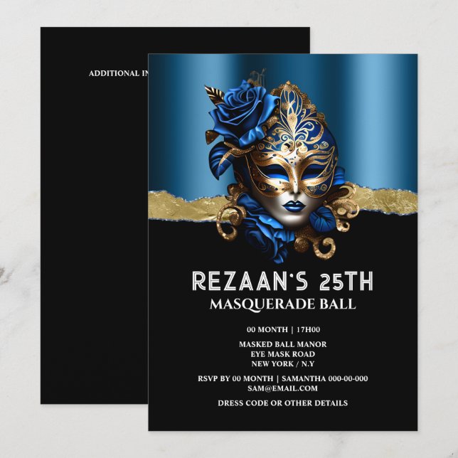 Invitación Rosa de máscaras de oro azul máscara veneciana gla (Anverso / Reverso)