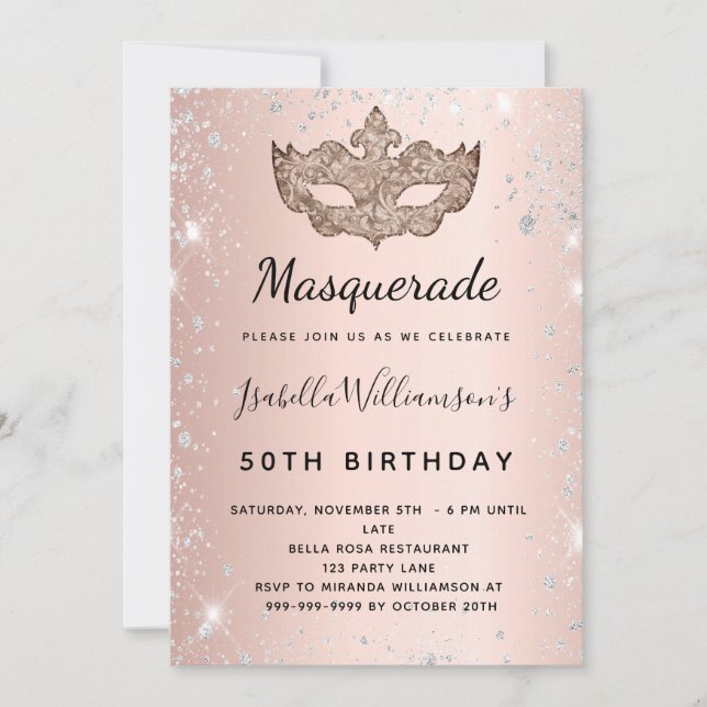 Invitación Rosa de máscaras de oro purpurina cumpleaños (Anverso)