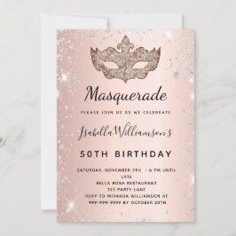 Invitación Rosa de máscaras de oro purpurina cumpleaños
