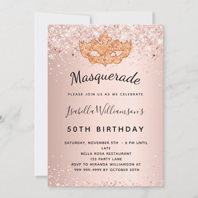 Invitación Rosa de máscaras purpurina de oro cumpleaños de po (Anverso)
