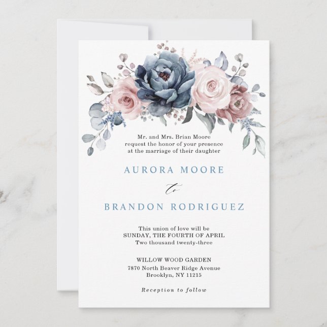 Invitación Rosa De Mauve Azul Dusto Boda Floral De Pizarra Ro (Anverso)