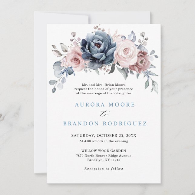 Invitación Rosa De Mauve Azul Dusto Boda Floral De Pizarra Ro