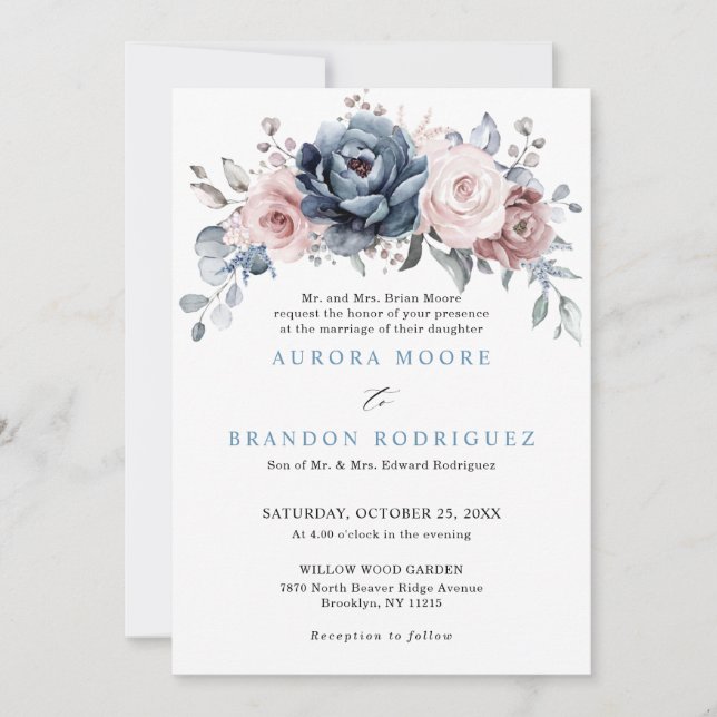 Invitación Rosa De Mauve Azul Dusto Boda Floral De Pizarra Ro (Anverso)