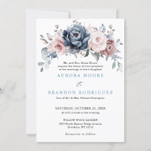 Invitación Rosa De Mauve Azul Dusto Boda Floral De Pizarra Ro