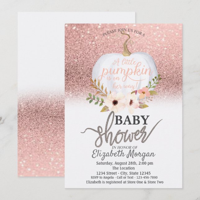 Invitación Rosa de moda Bokeh Purpurina de oro, Pumpkin Baby  (Anverso / Reverso)