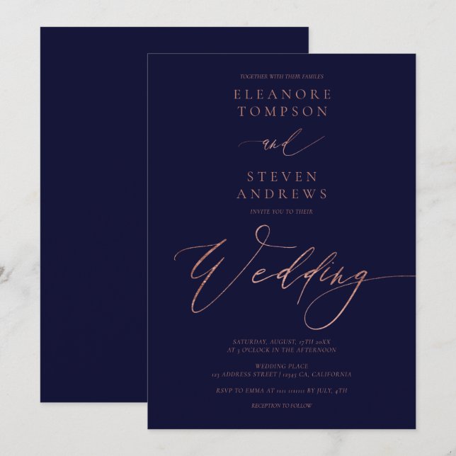 Invitación rosa de moda caligrafía de oro luxe boda azul mari (Anverso / Reverso)