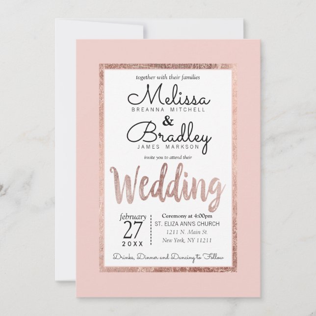 Invitación Rosa de moda Contorno de oro Boda rosa Rubor (Anverso)