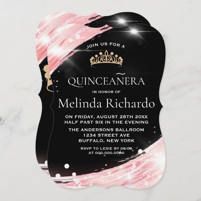 Invitación Rosa de moda Crown Quinceanera Fiesta (Anverso / Reverso)