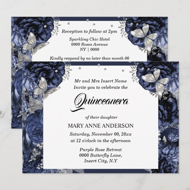 Invitación Rosa de moda de mariposa de plata azul real quince (Anverso / Reverso)