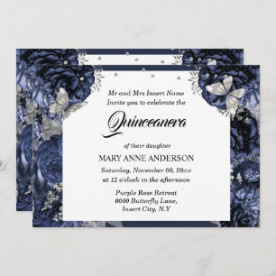 Invitación Rosa de moda de mariposa de plata azul real quince