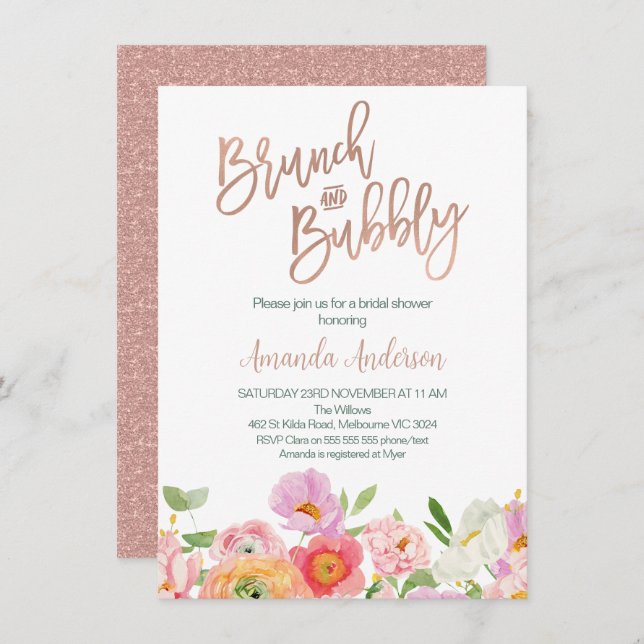 Invitación Rosa de moda Dorado Brunch Bubbly Bridal Shower (Anverso / Reverso)