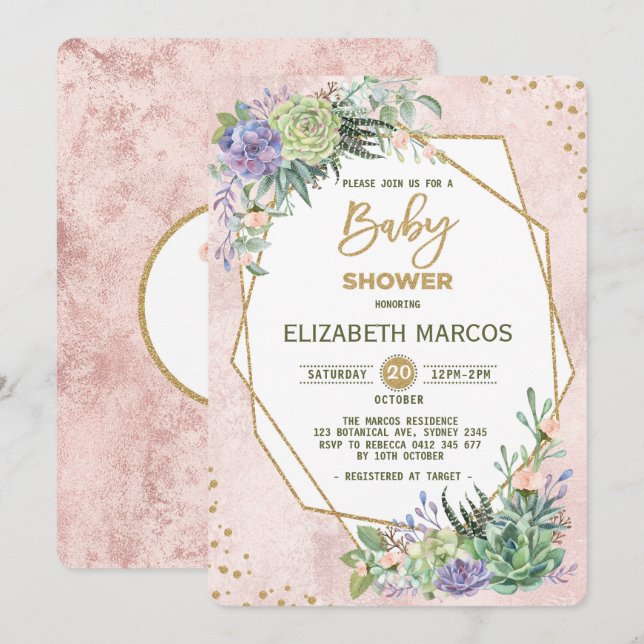 Invitación Rosa de moda Fiesta de oro Baby Shower Invitar geo (Anverso / Reverso)
