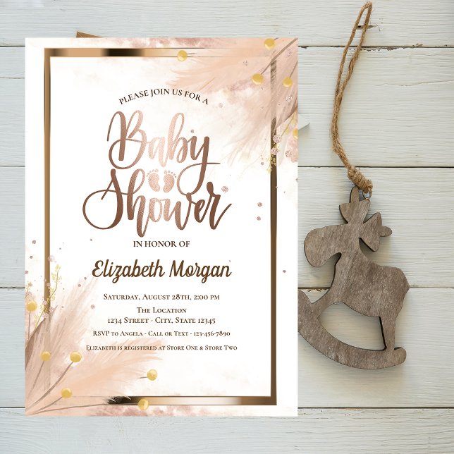 Invitación Rosa de moda Gold Baby Foots Pampas Baby Shower (Subido por el creador)