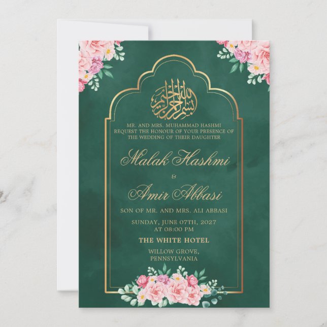 Invitación Rosa de moda Mezquita Oro boda musulmán verde islá (Anverso)