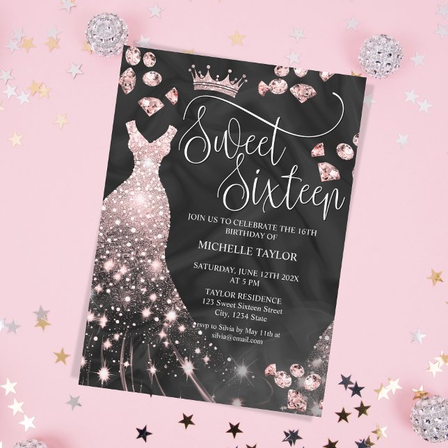 Invitación Rosa de Moda moderna Purpurina de oro dulce 16 (Subido por el creador)
