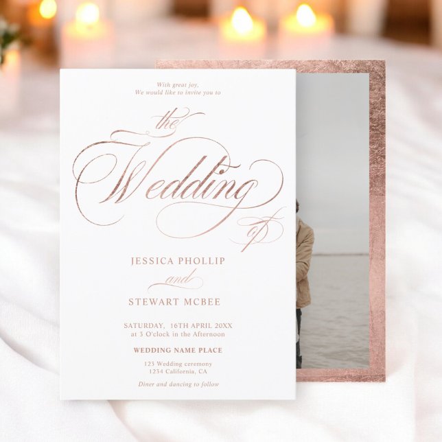 Invitación rosa de moda  oro elegante boda de caligrafía foto (Chic rose gold elegant photo calligraphy wedding invitation)