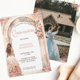 Invitación Rosa de moda Oro Quinceañera Vestido Floral Arco F