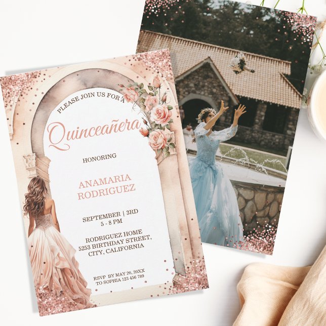 Invitación Rosa de moda Oro Quinceañera Vestido Floral Arco F (rose gold glitter travertino arch)