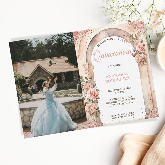 Invitación Rosa de moda Oro Rosas de Quinceañera Foto de arco (Subido por el creador)