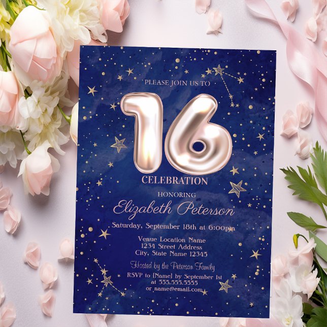 Invitación Rosa de moda Oro Stars Marina Blue Sweet 16 (Subido por el creador)