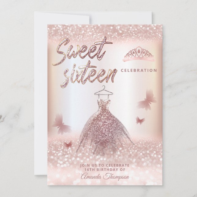 Invitación Rosa de moda oro vestido purpurinoso mariposa tiar (Anverso)