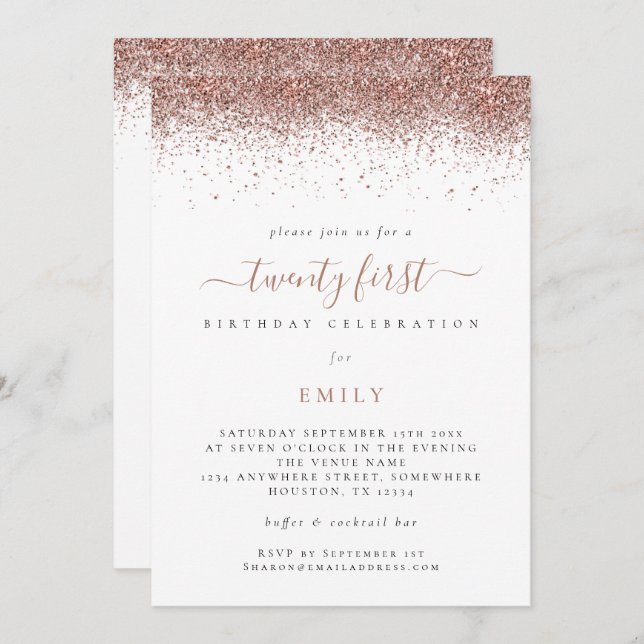 Invitación Rosa de moda Purpurina de oro  21 cumpleaños Fiest (Anverso / Reverso)