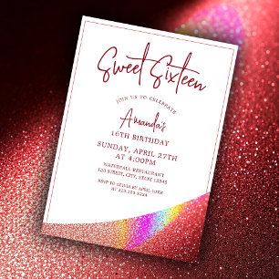 Invitación Rosa de moda Purpurina de oro Arcoiris dulce 16 Cu
