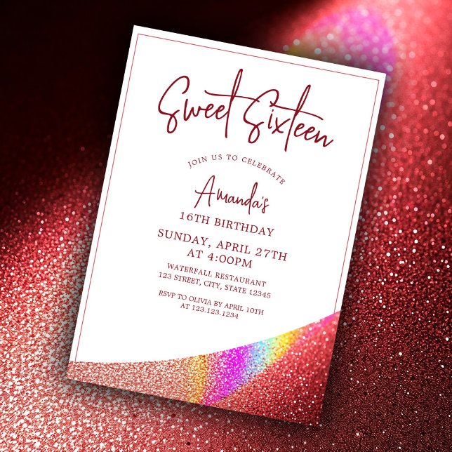 Invitación Rosa de moda Purpurina de oro Arcoiris dulce 16 Cu (Subido por el creador)