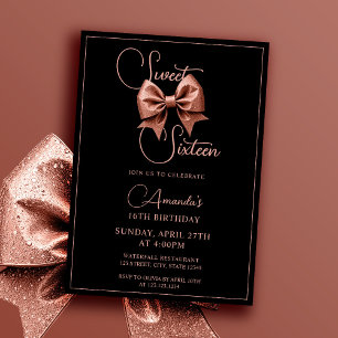 Invitación Rosa de moda Purpurina de oro Bow Sweet 16 Cumplea