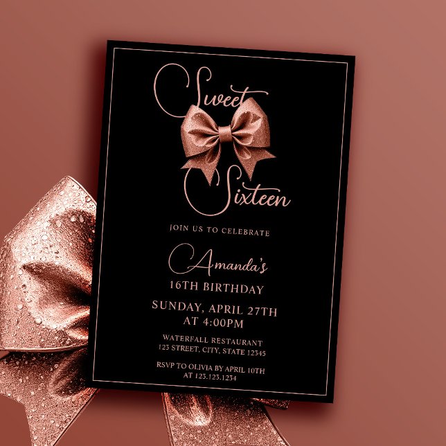 Invitación Rosa de moda Purpurina de oro Bow Sweet 16 Cumplea (Subido por el creador)
