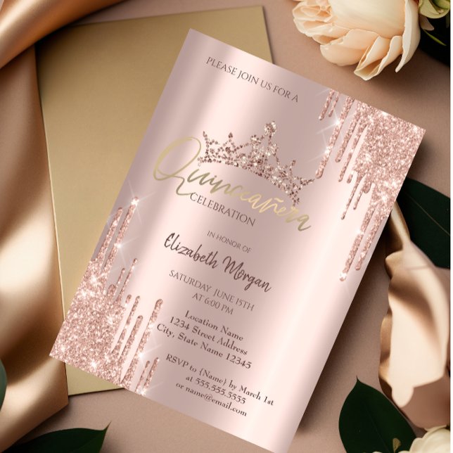 Invitación Rosa de moda Purpurina de oro caída de quinceañera (Subido por el creador)