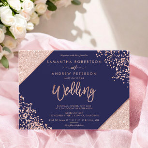 Invitación Rosa de moda purpurina de oro confetti boda azul m