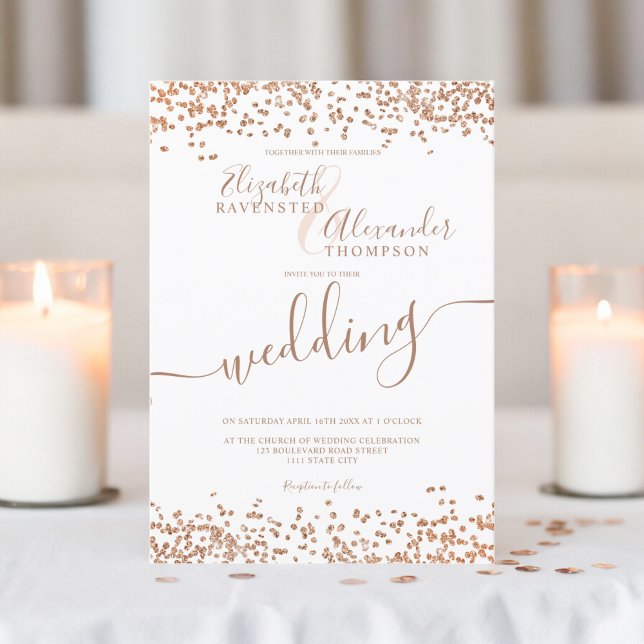 Invitación rosa de moda purpurina de oro confetti boda blanco (Chic rose gold glitter confetti white wedding invitation)