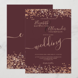 Invitación rosa de moda purpurina de oro confetti burgundy bo