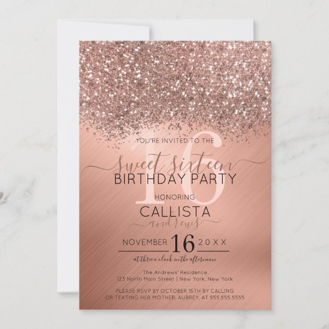 Invitación Rosa de moda Purpurina de oro Confetti Metálico Sw (Anverso)