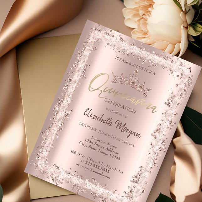 Invitación Rosa de moda Purpurina de oro Crown Quinceañera (Subido por el creador)