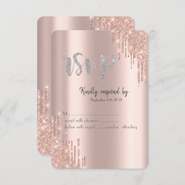 Invitación Rosa de moda Purpurina de oro Dris Silver RSVP (Anverso / Reverso)